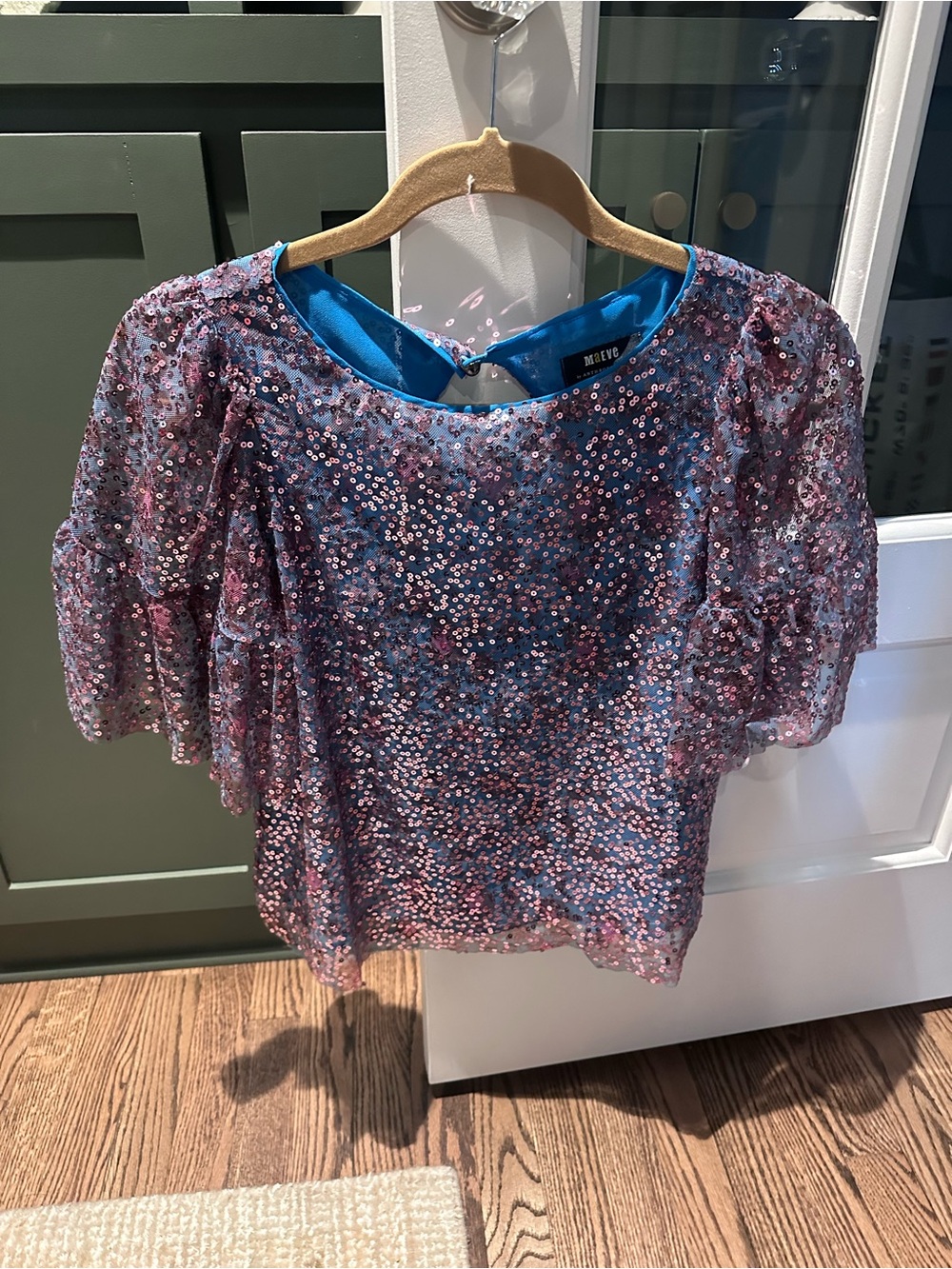 Maeve by Anthropologie Pink and Blue Sequin Short Sleeve Women's Top